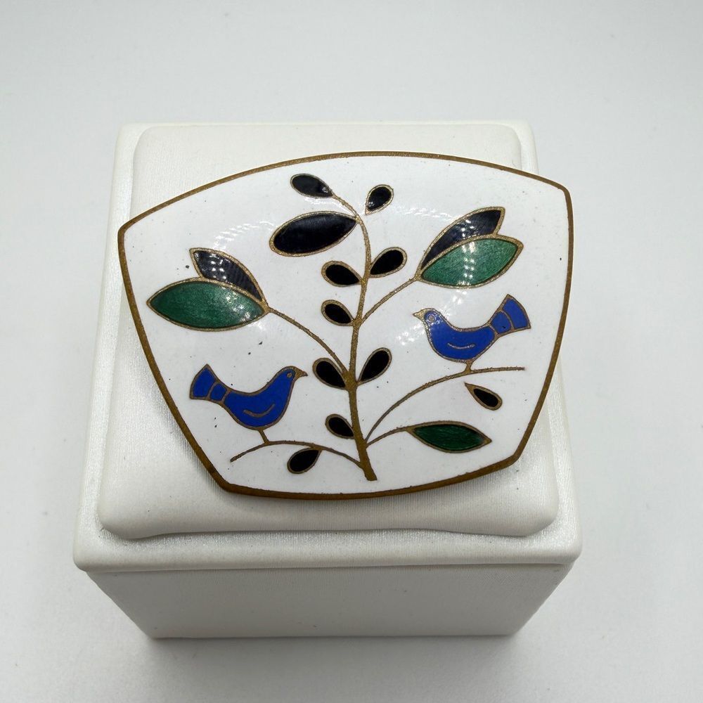 1960s possible Leningrad brass tone enamel brooch/pin with birds and branches!‎